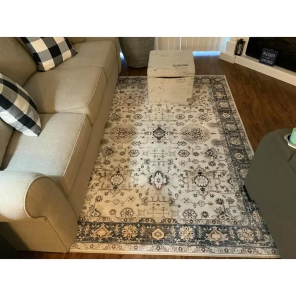 New 5x7 Blue Washable Area Rug Vintage Non-Slip Carpet for Living Room Home